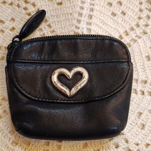 Brighton Black Leather Small Zip Coin Purse Silver Heart